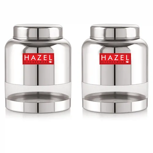 HAZEL Stainless Steel Transparent Container Glossy Finish Airtight See Through Jar Barni Set of 2, 1500 ML, Silver