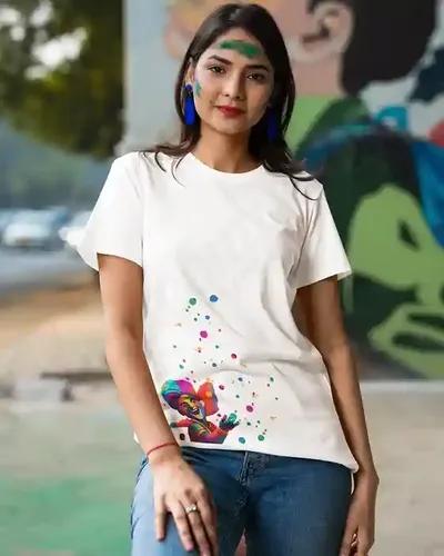 Playful Palette: Women's Dynamic Cartoon Character Holi T-Shirt | 100% Premium Bio Wash Cotton T-Shirts - S  (White)