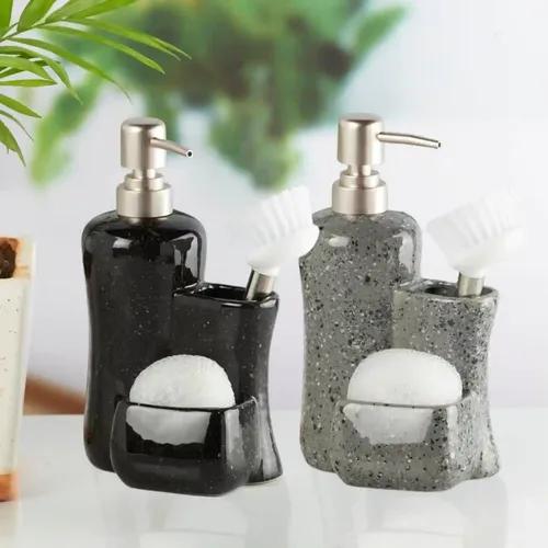 Kookee Ceramic Soap Dispenser for Bathroom hand wash, refillable pump bottle for Kitchen hand wash basin, Set of 2, Grey/Black (10822)