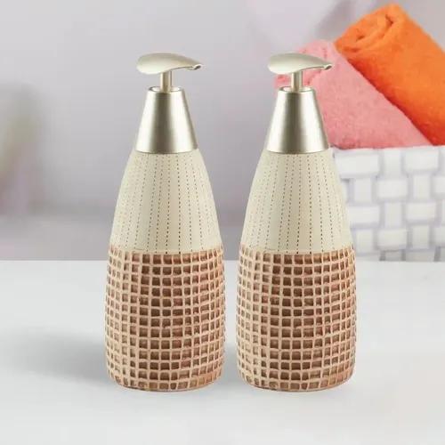 Kookee Ceramic Soap Dispenser for Bathroom hand wash, refillable pump bottle for Kitchen hand wash basin, Set of 2, Brown/Beige (10893)