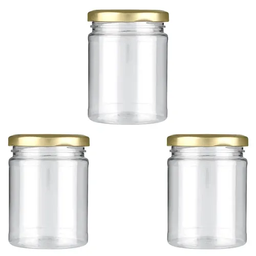 Shiva Organic 200ml Short Height Round Glass Jar for Kitchen Storage | Food Grade Glass Container | Golden Metal Cap | Air Tight Lid | Clear Transparent Jar (Pack of 3)