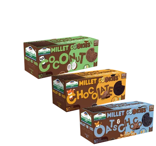 Tummy Friendly Foods Millet Cookies - Oat Choco, Chocolate & Coconut  - Pack Of 3 - 75G Each. Healthy Ragi Biscuits, Snacks For Baby, Kids & Adults