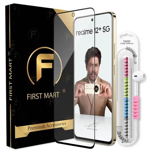 FIRST MART Premium Tempered Glass for Realme 12 Plus 5G with Edge to Edge Coverage and Cable Protector and Easy Installation Kit, Pack of 1