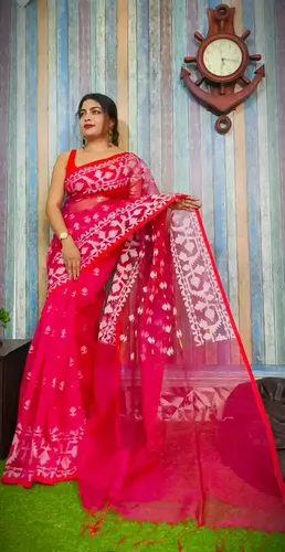 Tomato Red Reshom Silk Handloom Jamdani Saree