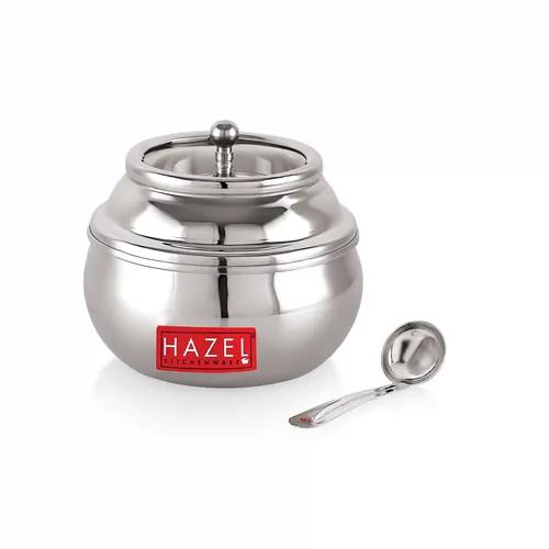 HAZEL Stainless Steel Ghee Pot with Spoon & See Through Lid | Oil Containers for Kitchen | Ghee Storage Container with Glossy Finish, 350 ML