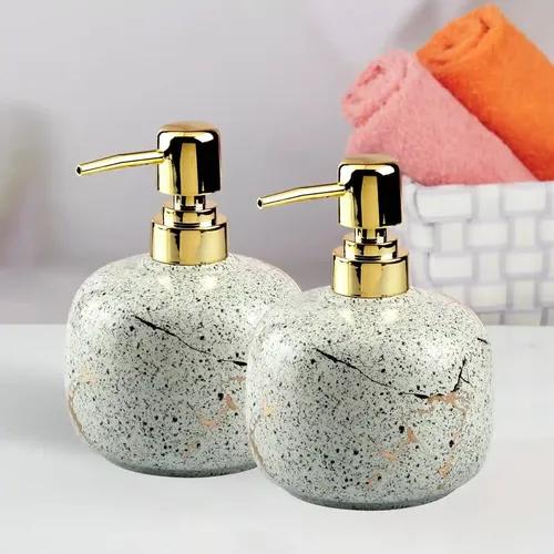 Kookee Ceramic Soap Dispenser for Bathroom hand wash, refillable pump bottle for Kitchen hand wash basin, Set of 2, White (11008)