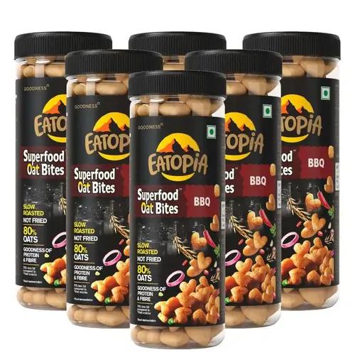 EATOPIA BBQ Oat Bites | No Maida, Non-GMO, Not fried, Whole Grain | Gluten Free Oats | High Protein & Fiber | Healthy Diabetic Snacks | Healthy Snacks for Weight Loss | Pack of 6 (Pet Jar)