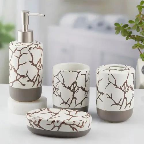 Kookee Ceramic Bathroom Accessories Set of 4, Modern Bath Set with Liquid hand wash Soap Dispenser and Toothbrush holder, Luxury Gift Accessory for Home, White/Grey (10465)