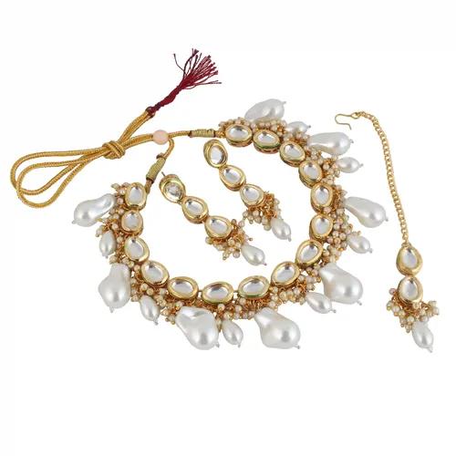 Gold Plated(18k) Round Design Kundan Choker Necklace Set & Maang Tika With Beads - White