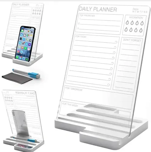 3 Lines to Do List Acrylic Board for Desk (24x16 CM)| Planner, Reminders |White Acrylic LARGE Base, Slots for Phone | with 2 Markers & Cleaning Fabric | DP Top Priorities