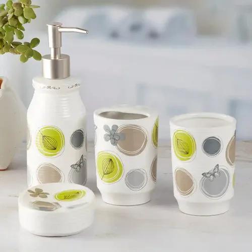 Kookee Ceramic Bathroom Accessories Set of 4, Modern Bath Set with Liquid handwash Soap Dispenser and Toothbrush holder, Luxury Gift Accessory for Home - White (8295)