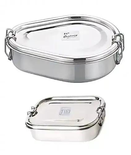 Jvl Stainless Steel Rectangular Not Leak Proof Lunch Box With Inner Plate & Small Drop Single Layer Lunch Box With Inner Plate - Set Of 2