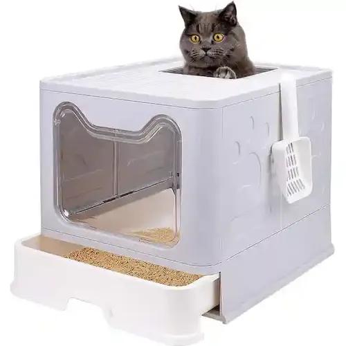 Kunya Oversized Enclosed Cat Litter Box with Odor Door, Foldable cat Litter Tray, Drawer Design Litter Box for Cats (51 * 41 * 38 Cm)