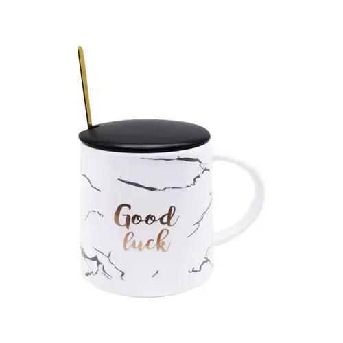 Kookee Fancy Ceramic Coffee or Tea Mug with Lid and Handle with Spoon for Office, Home or Gifting - 300ml (NK-506-C)