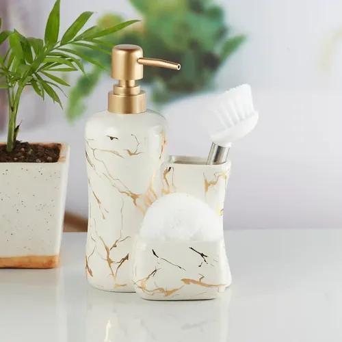 Kookee Ceramic Soap Dispenser for Bathroom handwash, refillable pump bottle for Kitchen hand wash basin, Set of 1 - White (10305)