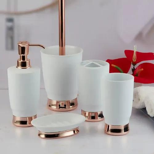 Kookee Acrylic Bathroom Accessories Set of 5, Modern Acrylic Bath Set with Liquid Soap Dispenser and Toothbrush Holder, Bathroom Accessory Set with Toilet Brush Gift Items for Home - White (10028)