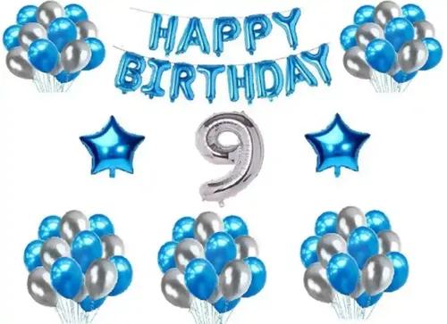 TrendzyKart 9th Happy Birthday Decoration Combo With Foil And Star Balloons (Blue, Silver)