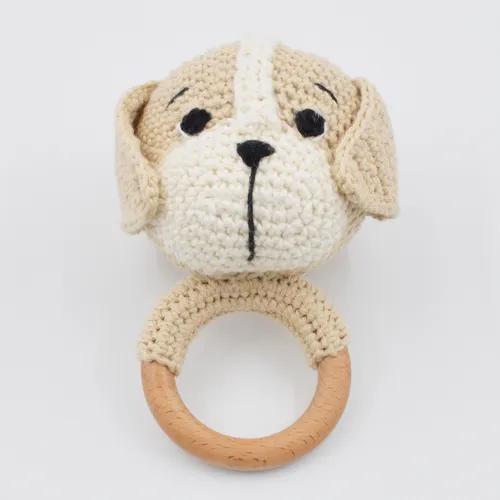 Crochet Wooden Puppy Rattle - Cream