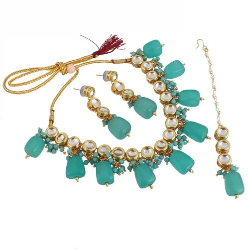 Gold Plated(18k) Round Stone Design Jewellery Set - Turquoise Blue