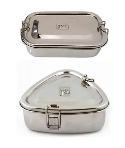 Jvl Stainless Steel Rectangular Single Layer Lunch Box With Inner Plate & Big Triangle Lunch Box Not Leak Proof - Pack Of 2