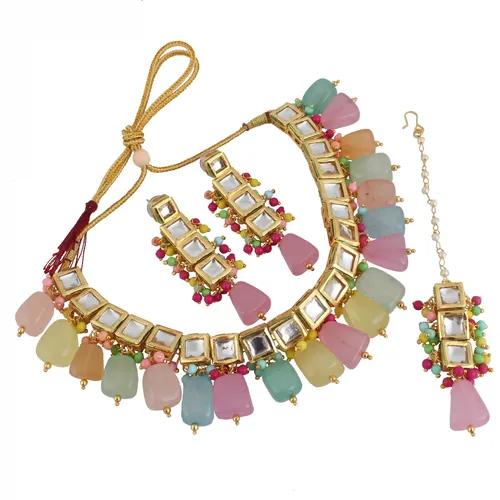 Gold Plated(18k) Square Stone Design Jewellery Set - Multicolor