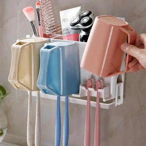 Kookee Multifunctional Wall Mounted Self Adhesive Toothbrush Holder for Bathroom with 3 Cups & space saving Bathroom Organizer