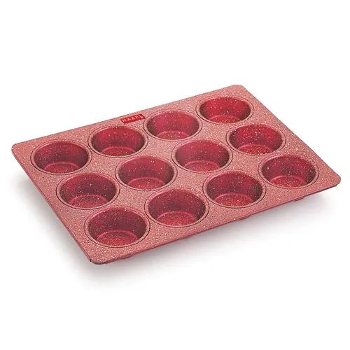 HAZEL Aluminium Cupcake Muffin Mould Microwave Safe 12 Cups Non Stick Granite Finish Muffin Pan Chocolate Baking Tray for House and Bakery, Red