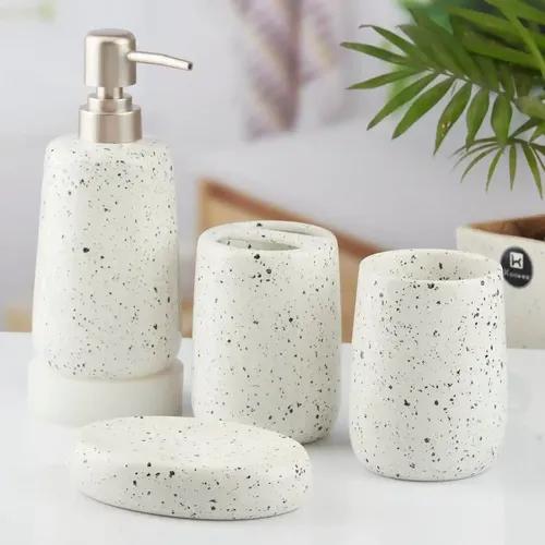 Kookee Ceramic Bathroom Accessories Set of 4, Modern Bath Set with Liquid hand wash Soap Dispenser and Toothbrush holder, Luxury Gift Accessory for Home, White (10383)