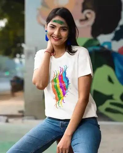 Celebrate Joyfully: Women's Colorful Happy Holi T-Shirt in Vivid Splashes | 100% Premium Bio Wash Cotton T-Shirts - S  (White)