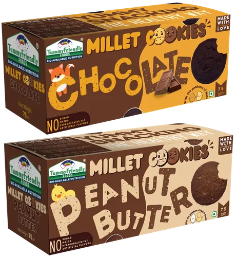 Tummy Friendly Foods Millet Cookies - Chocolate, Peanut Butter - Pack Of 2 - 75G Each. Healthy Ragi Biscuits, Snacks For Baby, Kids & Adults