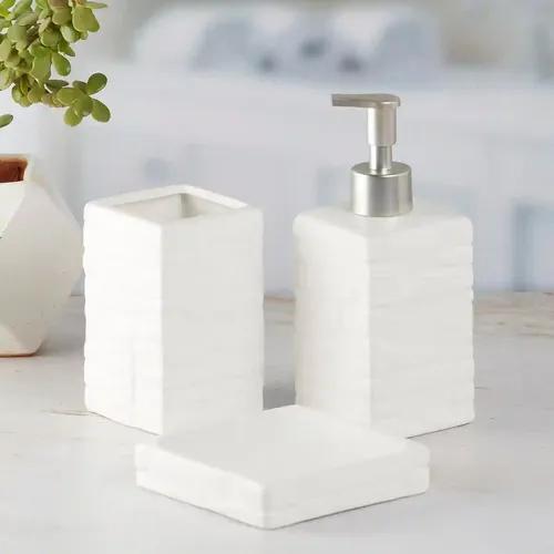 Kookee Ceramic Bathroom Accessories Set of 3, Modern Bath Set with Liquid handwash Soap Dispenser and Toothbrush holder, Luxury Gift Accessory for Home - White (9869)