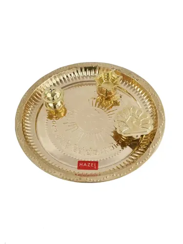 HAZEL Brass Pooja Aarti Thali (Gold_9.6 Inch X 9.6 Inch X 0.3 Inch)