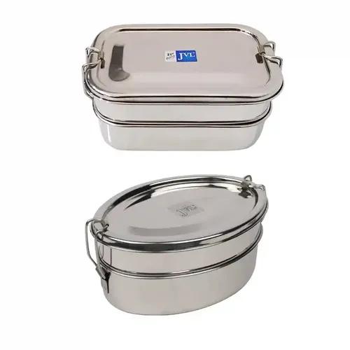 Jvl Stainless Steel Rectangular Shape Double Layer Lunch Box With Inner Plate & Small Oval Shape Lunch Box Not Leak Proof - Pack Of 2