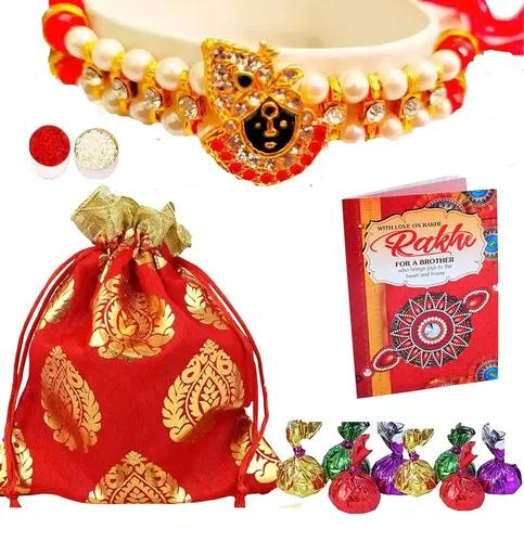 Mantouss Rakhi Chocolate Hamper For Brother/Rakhi For Brother With Git And Roli Chawal-Lord Krishna Kundan Rakhi +Chocolates In Potli+Rakhi Greeting Card