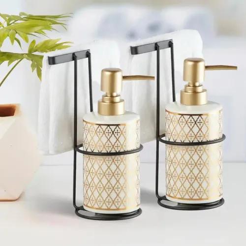 Kookee Ceramic Soap Dispenser for Bathroom hand wash, refillable pump bottle for Kitchen hand wash basin, Set of 2, White/Gold (11025)