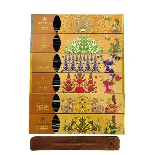 VEDASTIKA Best Premium Fragrance Long-Lasting Charcoal Free Incense Sticks Non-Allergic 120 Handmade Agarbatti for Pooja n Meditation with Burner Stand_Pack of 6