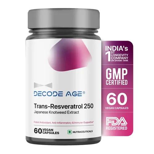 DECODE AGE Trans Resveratrol Supplement | Powerful Antioxidant for Anti-Ageing, Anti-Inflammatory, Metabolism & Heart Health | 250mg, 60 Capsules, Vegan