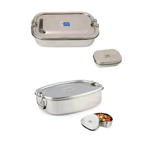 Jvl Stainless Steel Rectangular Single Layer Lunch Box With Small Container & Big Deluxe Single Layer Lunch Box With Mini Container Not Leak Proof - Pack Of 2