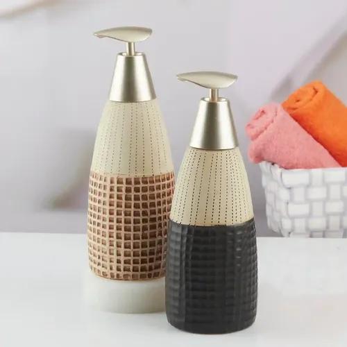 Kookee Ceramic Soap Dispenser for Bathroom hand wash, refillable pump bottle for Kitchen hand wash basin, Set of 2, Black/Brown (10511)