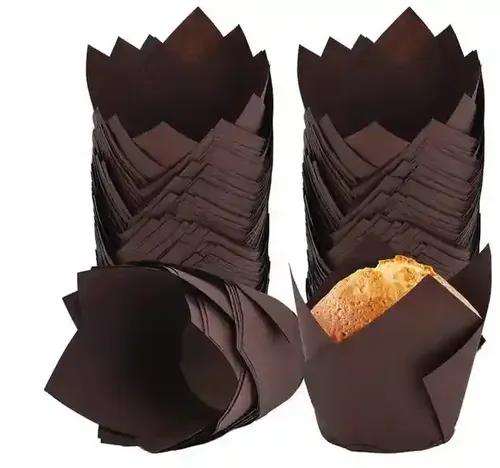PERFECT BAKEWARE 200 Pcs Paper Tulip Cups Cupcake Liners Paper Baking Wrappers Muffin Cups Food Grade Grease Proof Paper Mould Base 5 cm Height 7 cm - Brown