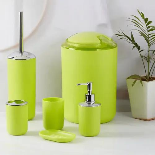 Kookee Acrylic Bathroom Accessories Set of 6, Modern Acrylic Bath Set with Liquid Soap Dispenser, Dustbin, Toilet Brush and Toothbrush Holder, Bathroom Accessory Set Gift Items for Home - Green (775)