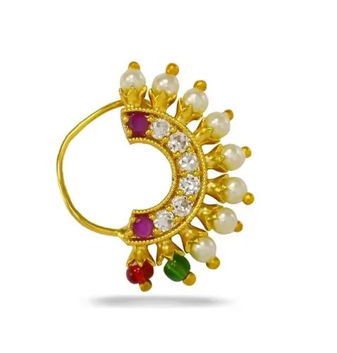 JEWELOPIA Maharashtrian Diamond Banu Nath Ruby AD/CZ Non Piercing Marathi Nose Stud for Girls and Women