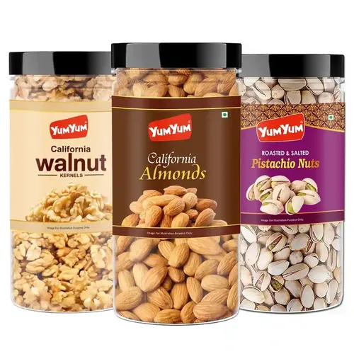 YUM YUM Premium Dry Fruits Combo Pack of 3 | California Almonds 500g, Roasted Salted Pistachios Nut 500g, Walnut Kernels 350g| Total 1350g | Healthy| Badam, Pista,Akhrot Giri Dry fruit Combo