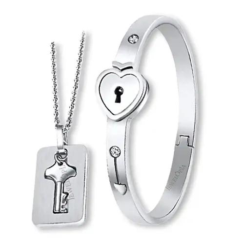 JEWELOPIA Couples Bracelet Pendant Combo Jewellery Lock Key Set Heart Lock Bracelet & Key Pendant Pack For Boy & Girls - Best Gift For Friendship Day (Silver)