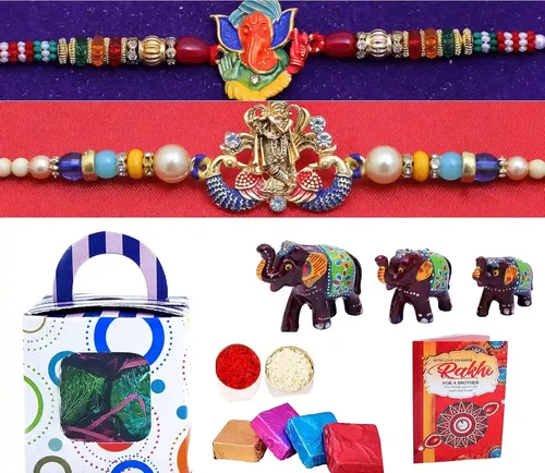 Rakhi Combo For Brother , Rakhi For Bhaiyya/Bhai/Elegant Kundan Rakhi With Roli Chawal And Raksha Bandhan Greeting Card For Men-2 Kundan Rakhi+Showpiece Figurine +Roli, Chawal+Rakhi Greeting Card