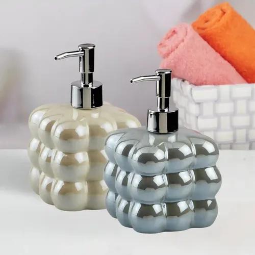 Kookee Ceramic Soap Dispenser for Bathroom hand wash, refillable pump bottle for Kitchen hand wash basin, Set of 2, Beige/Blue (10541)