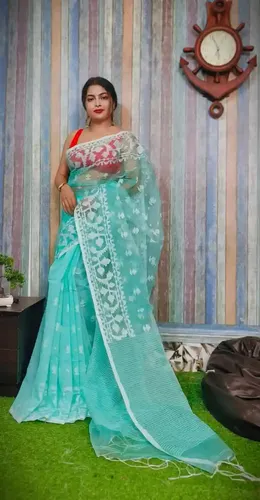 Turquoise Reshom Silk Handloom Jamdani Saree