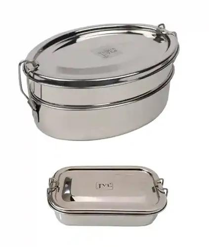 Jvl Stainless Steel Rectangular Single Layer Lunch Box With Inner Plate & Big Oval Double Layer Lunch Box With Not Leak Proof - Pack Of 2