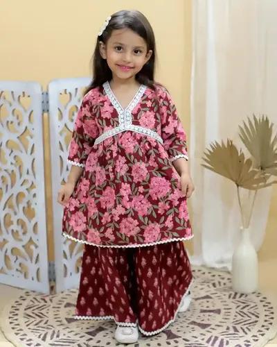 Kid’s Girls Pure Cotton Jaipur Block Printed Indian Ethnic Festive Party Wear Suit Sets | Red