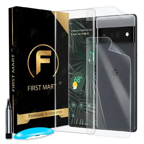 FIRST MART Tempered Glass for Pixel 6 Pro 5G with Edge to Edge Full Screen Coverage and Easy UV Glue Installation Kit and Back Nano Membrane